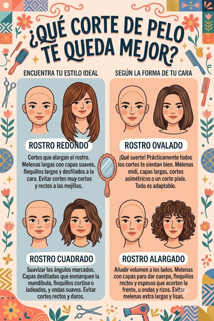 ¿Pensando en un cambio de look? Descubre qué corte de pelo te favorece más según la forma de tu cara. Guía visual con trucos para rostro redondo, cuadrado, ovalado y alargado