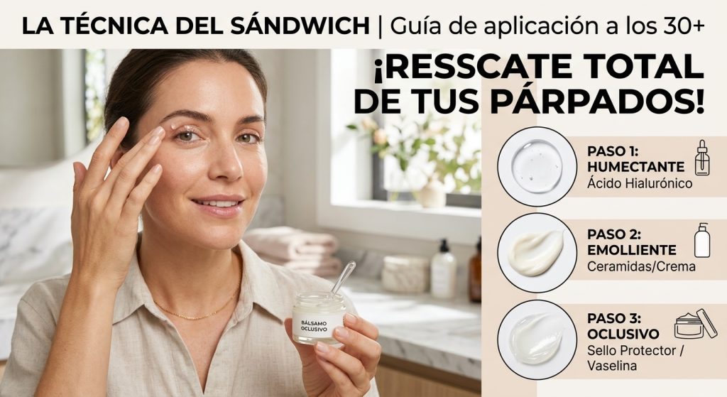 Aplicación en 3 pasos de la técnica del sándwich para contorno de ojos