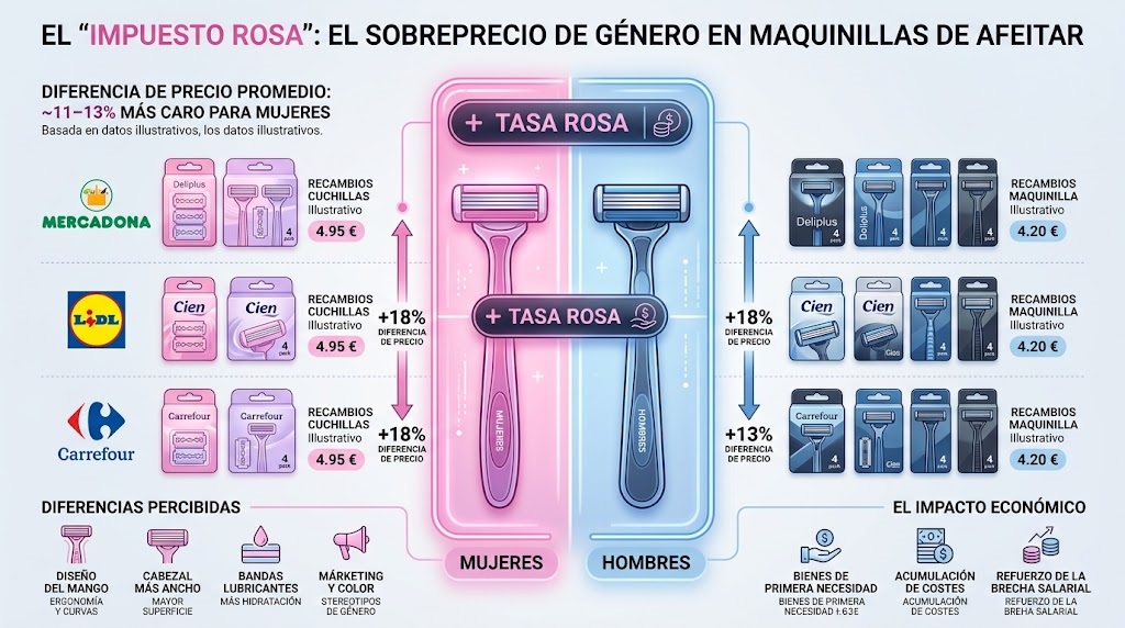 Infografía comparativa de la tasa rosa en maquinillas de afeitar de Mercadona, Lidl y Carrefour